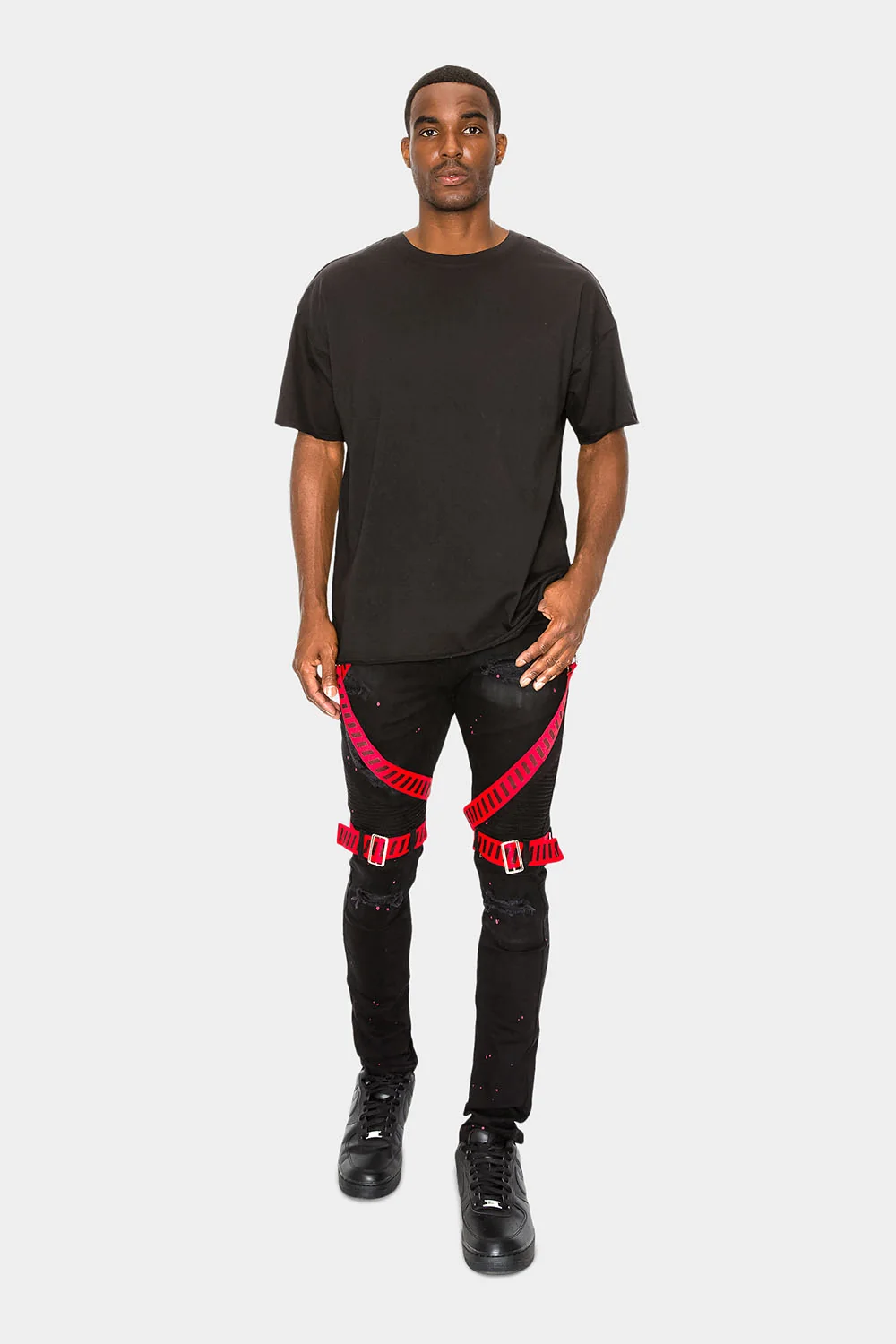 Adjustable Strap Harness Distressed Biker Jeans - Image 4