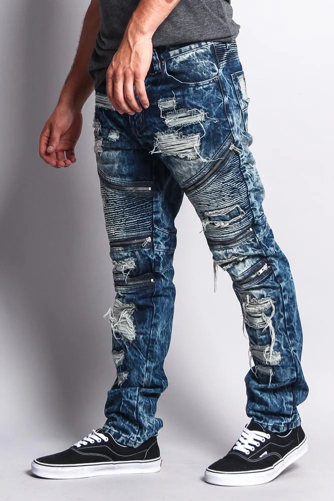 Biker Distressed Washed Slim Jeans - Image 7
