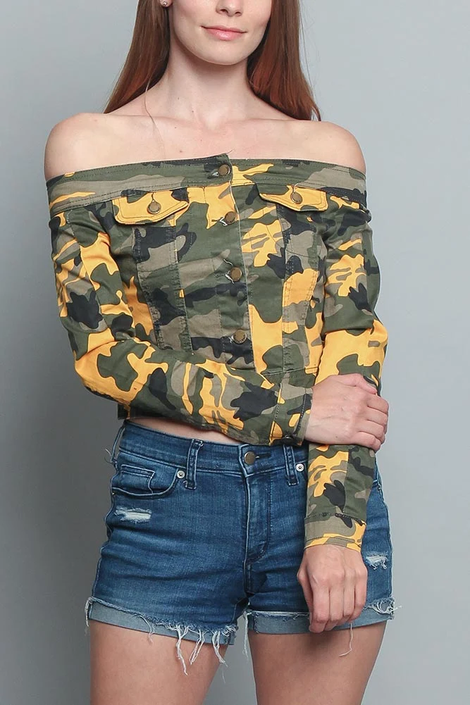 Colored Camo Off the Shoulder Shirt - Image 10