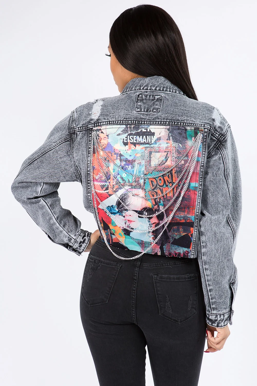 Cropped Chained Denim Jacket - Image 3