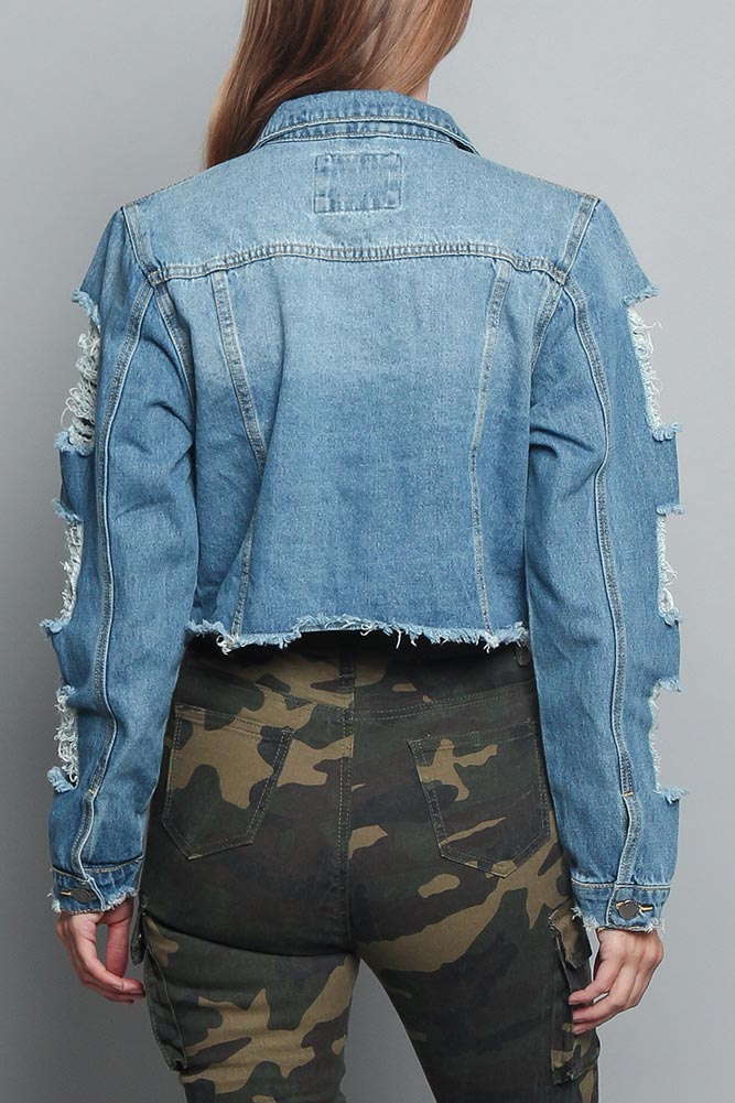 Cropped Distressed Denim Jacket - Image 3