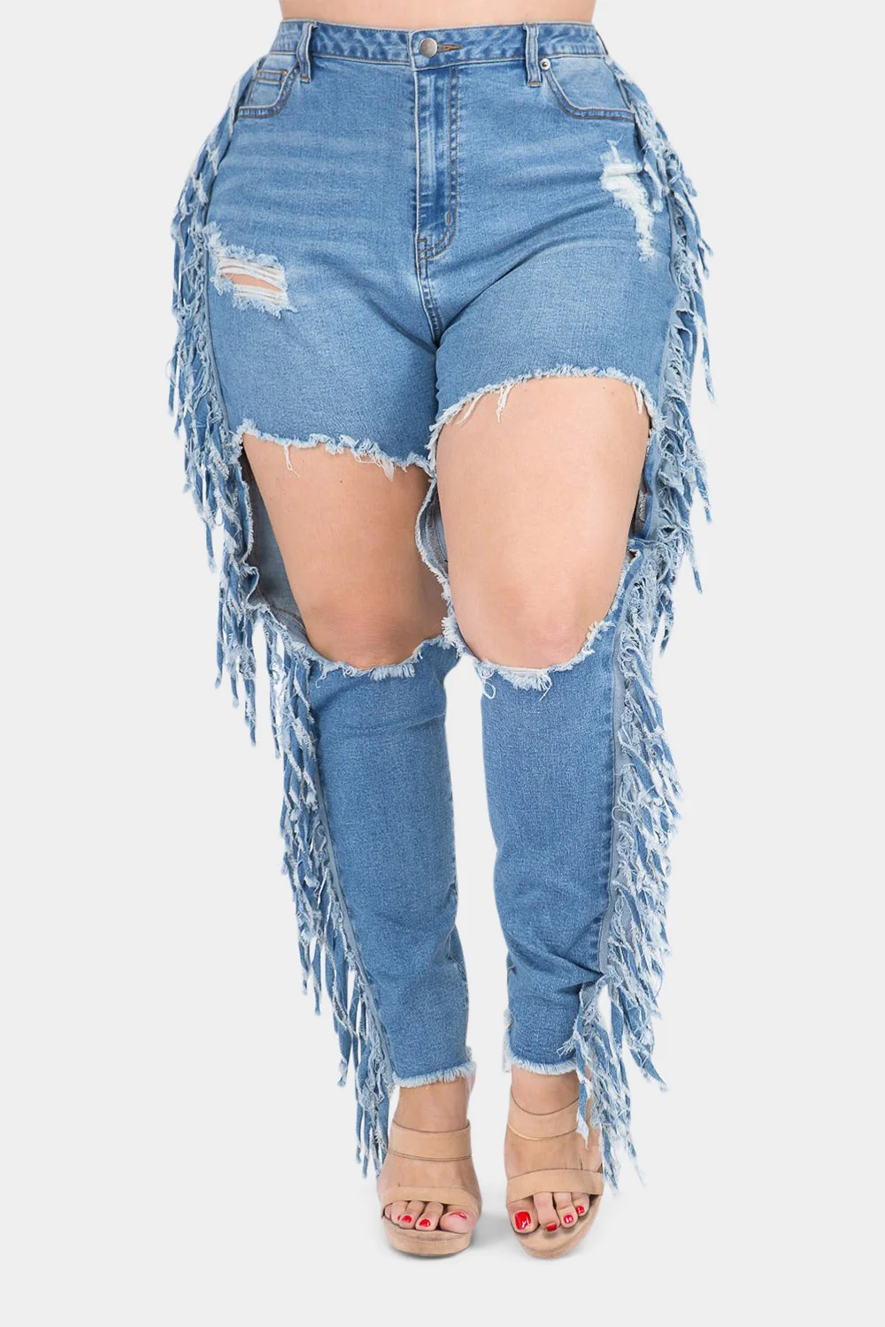 Destroyed High Rise Fringe Denim Jeans - Image 10