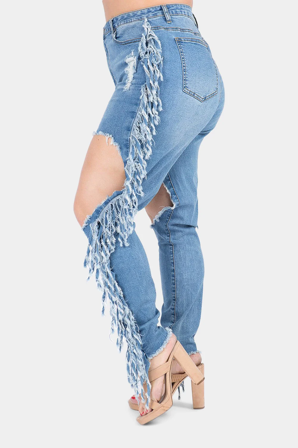 Destroyed High Rise Fringe Denim Jeans - Image 11