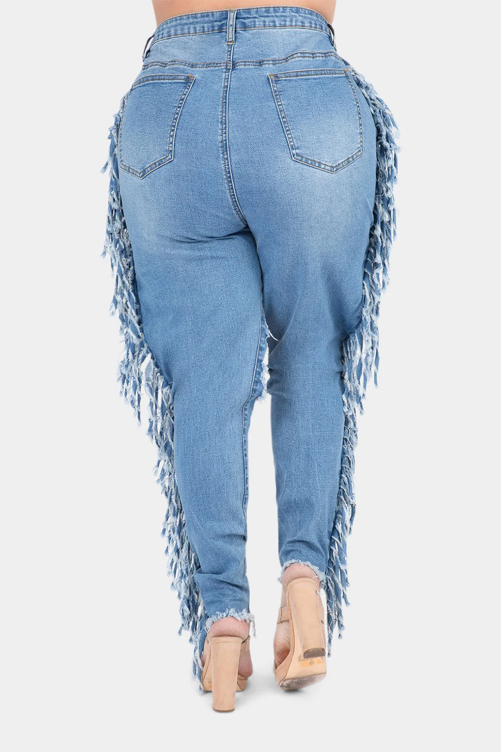 Destroyed High Rise Fringe Denim Jeans - Image 12