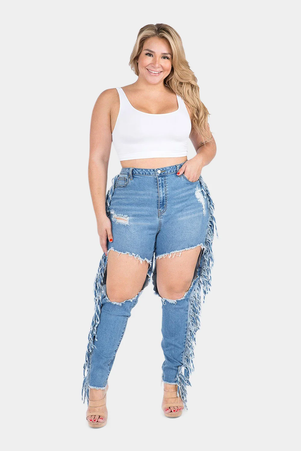 Destroyed High Rise Fringe Denim Jeans - Image 14