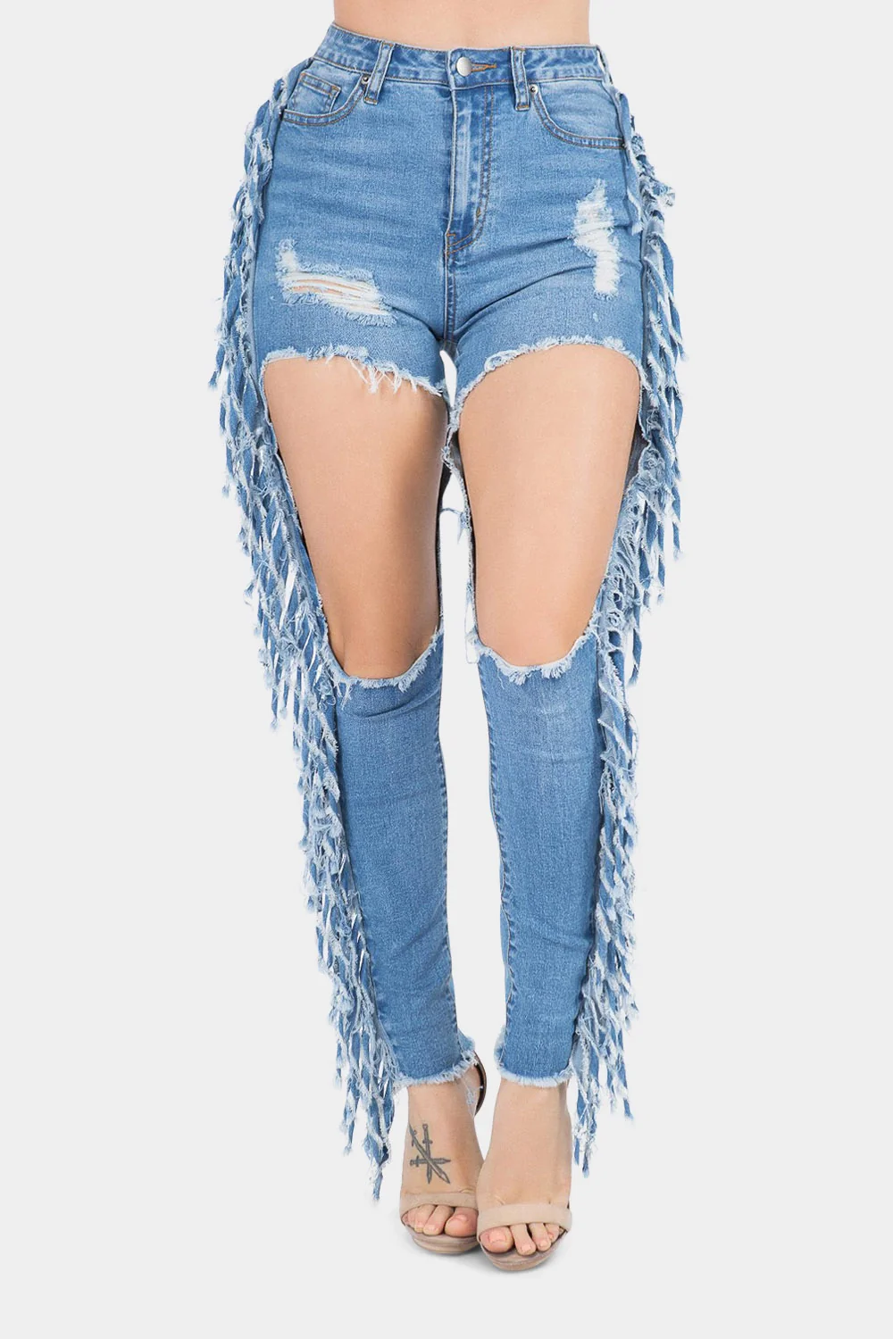 Destroyed High Rise Fringe Denim Jeans - Image 5