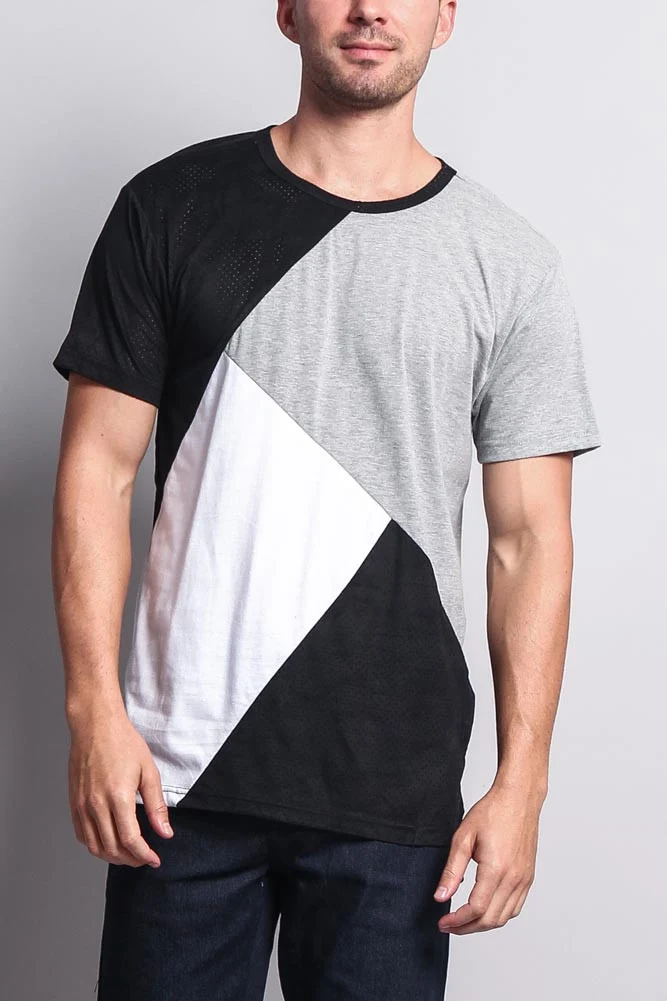 Diagonal Colorblock Poly Suede Mesh T-Shirt - Image 2