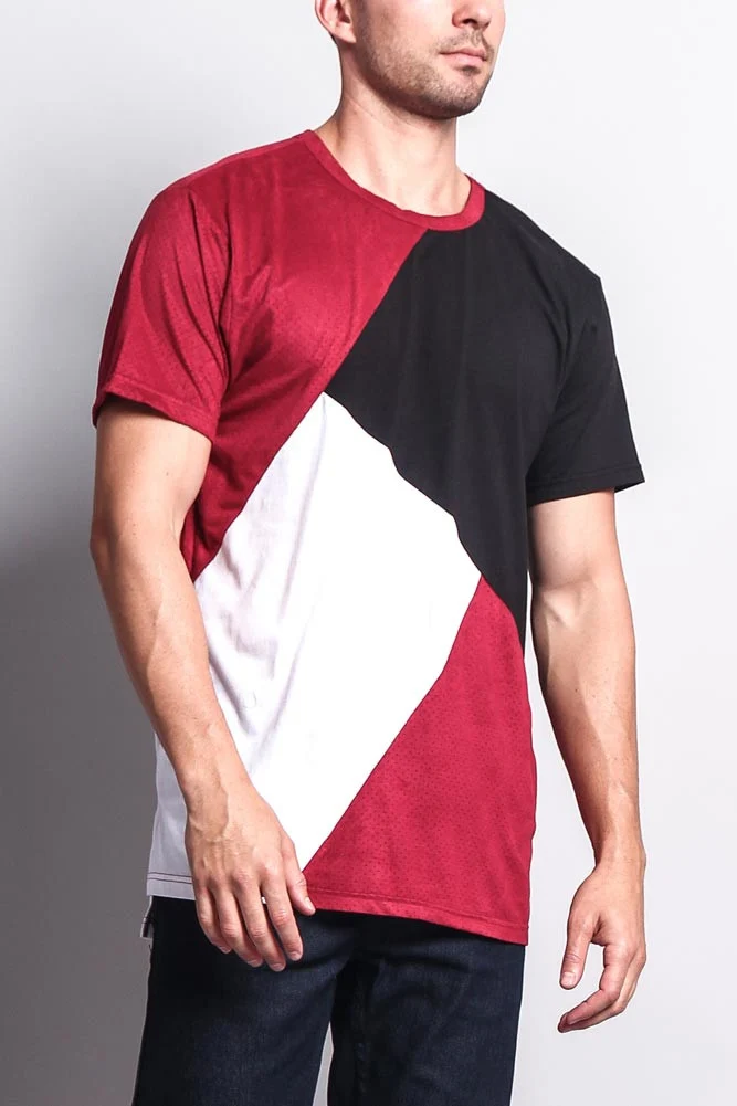 Diagonal Colorblock Poly Suede Mesh T-Shirt - Image 5