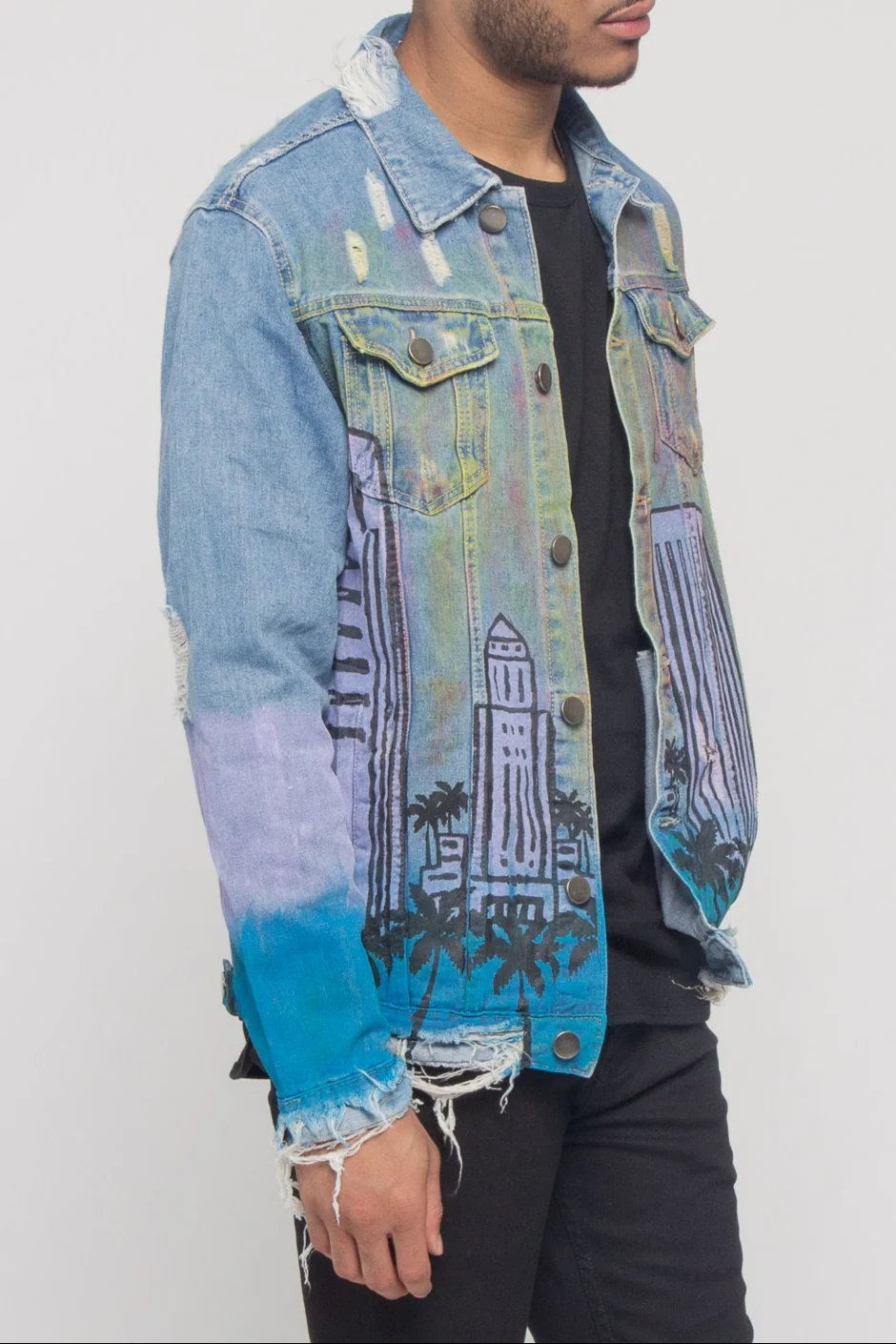 Distressed Airbrushed City Denim Jacket - Image 4