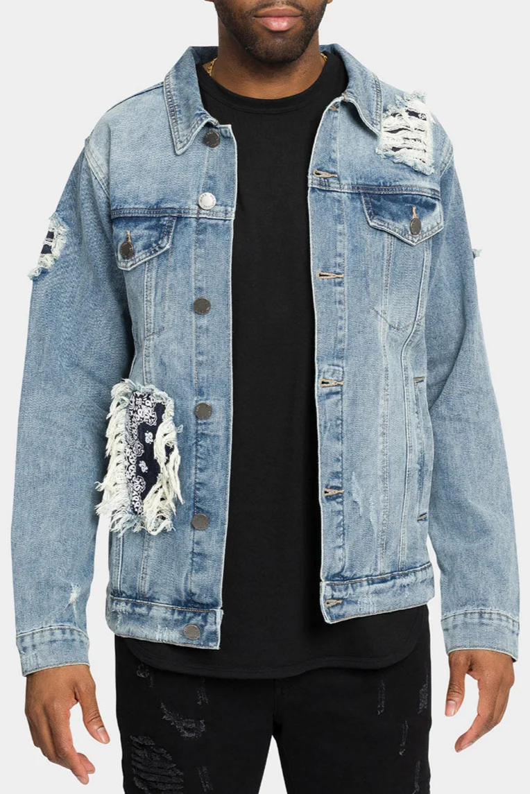 Distressed Bandana Paisley Patched Denim Jacket