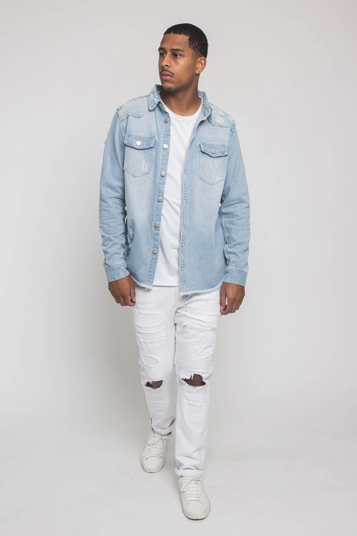 Distressed Denim Button Up Shirt Jacket - Image 44