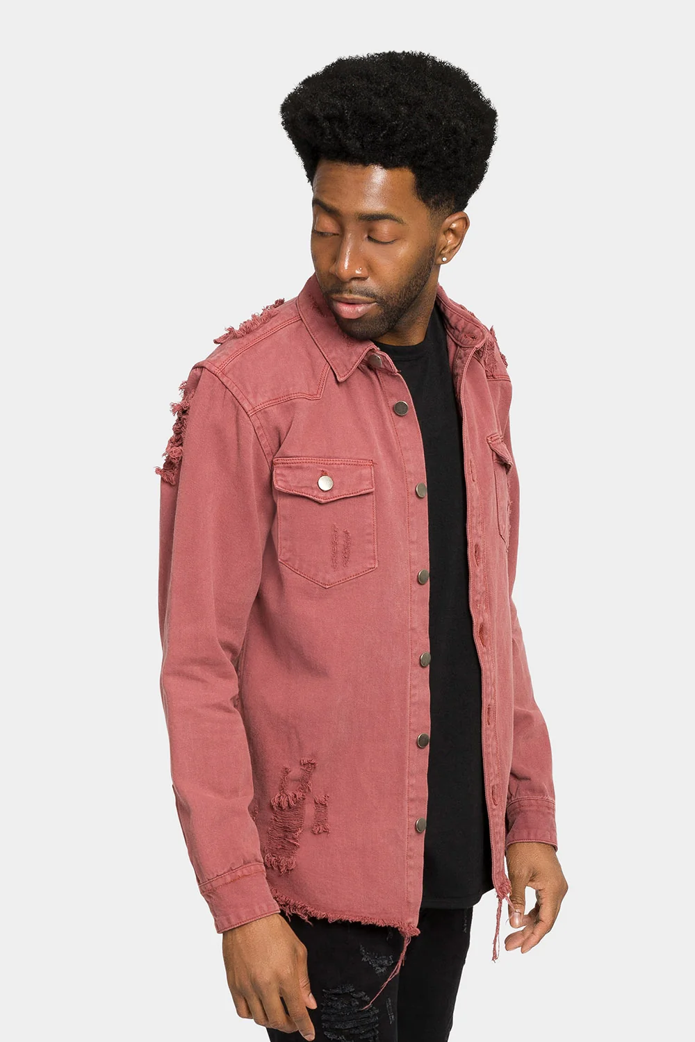 Distressed Denim Button Up Shirt Jacket - Image 48