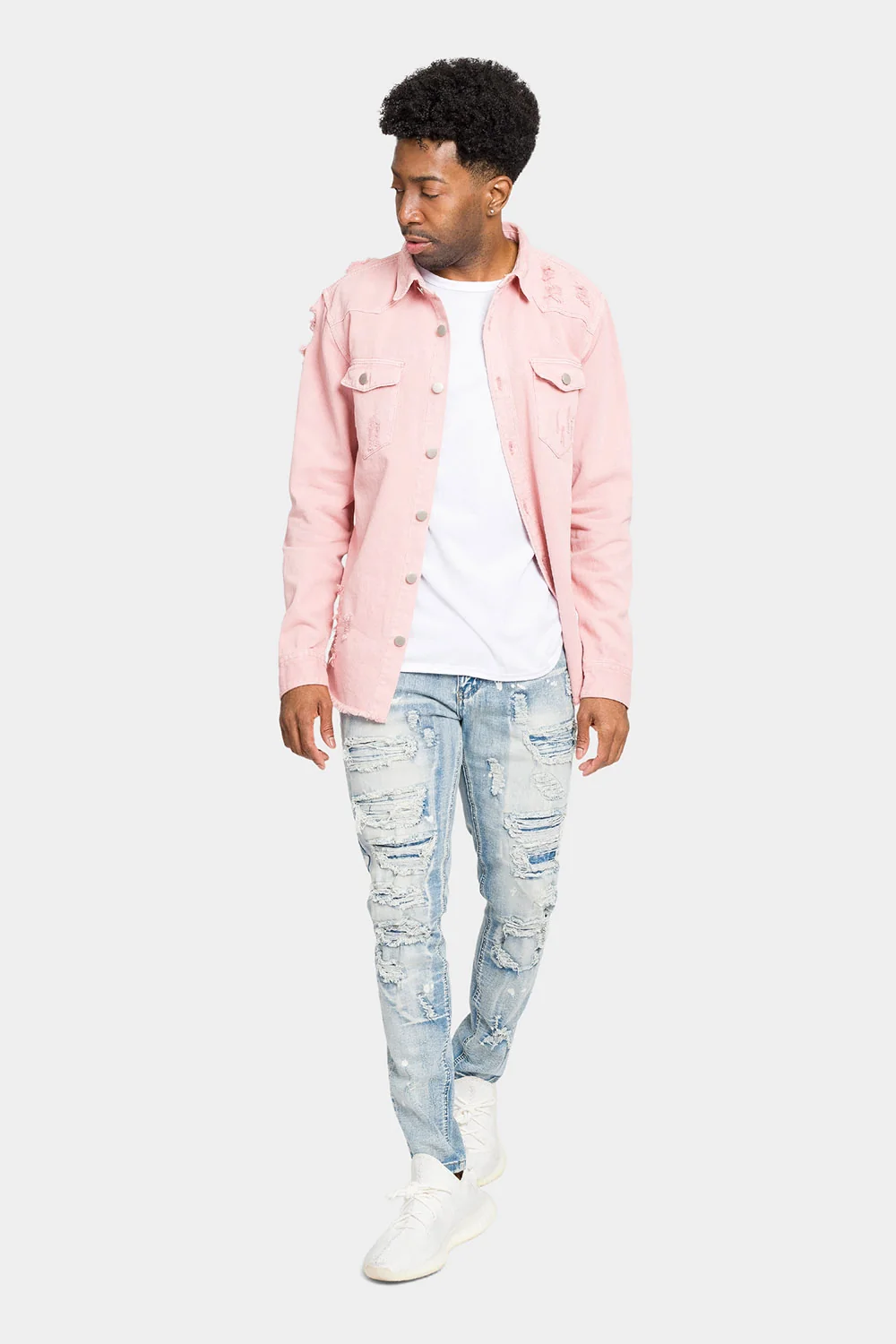 Distressed Denim Button Up Shirt Jacket - Image 54