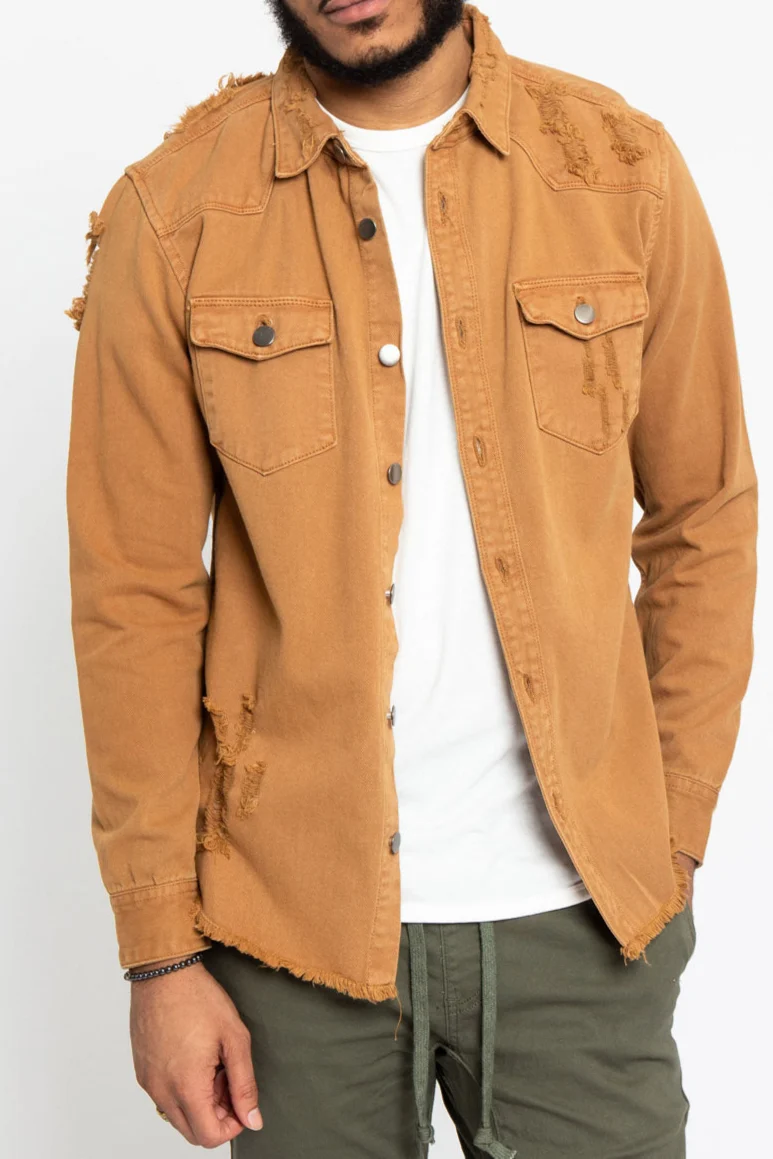 Distressed Denim Button Up Shirt Jacket - Image 6