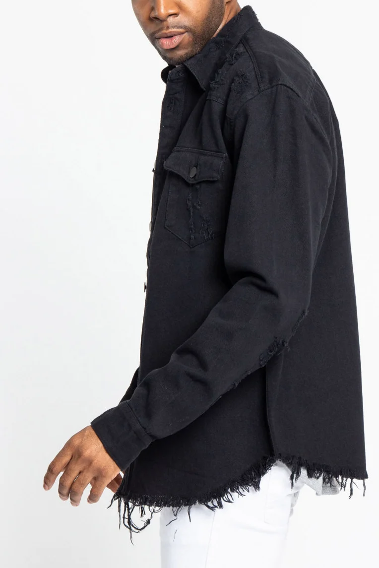 Distressed Denim Button Up Shirt Jacket - Image 8