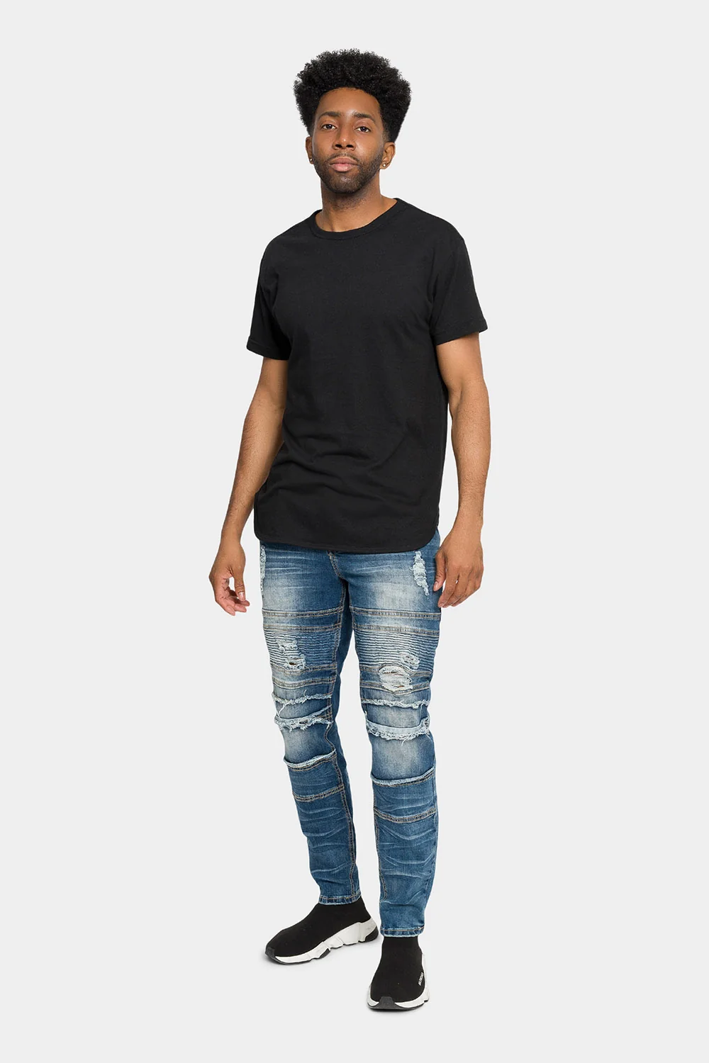 Distressed Stacked Biker Denim Jeans - Image 5