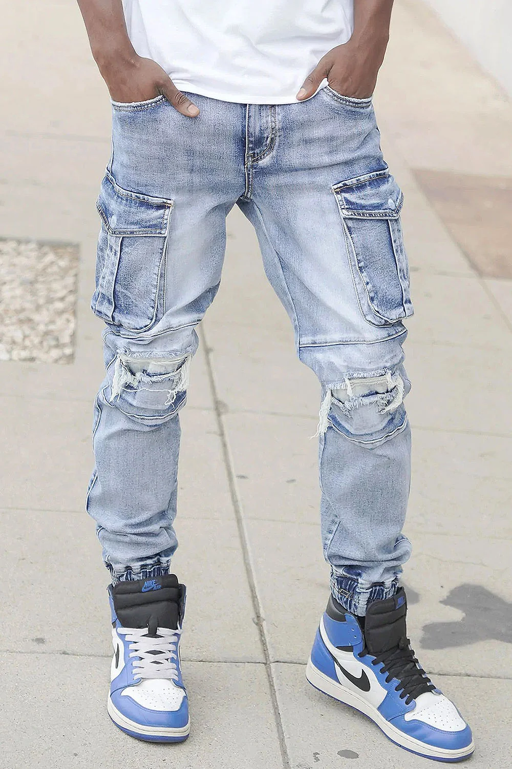 Distressed Washed Cargo Denim Joggers - Image 4