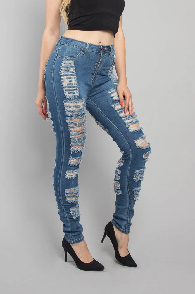 Double Distressed Denim Skinny Jeans - Image 4