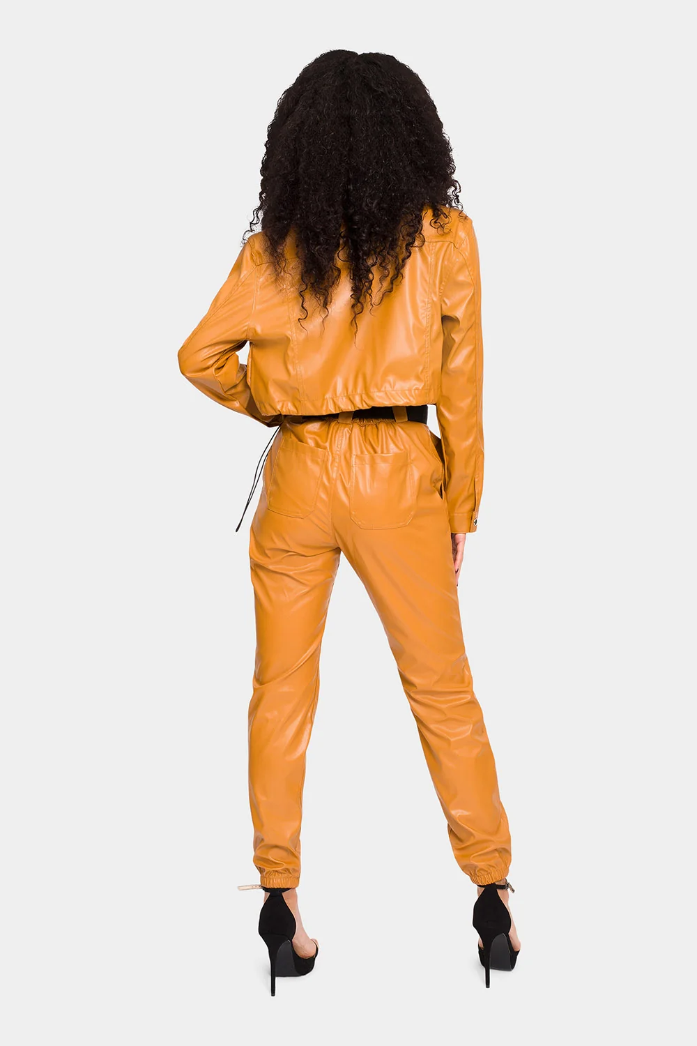 Faux Leather Cropped Jacket High Rise Jogger Set - Image 15