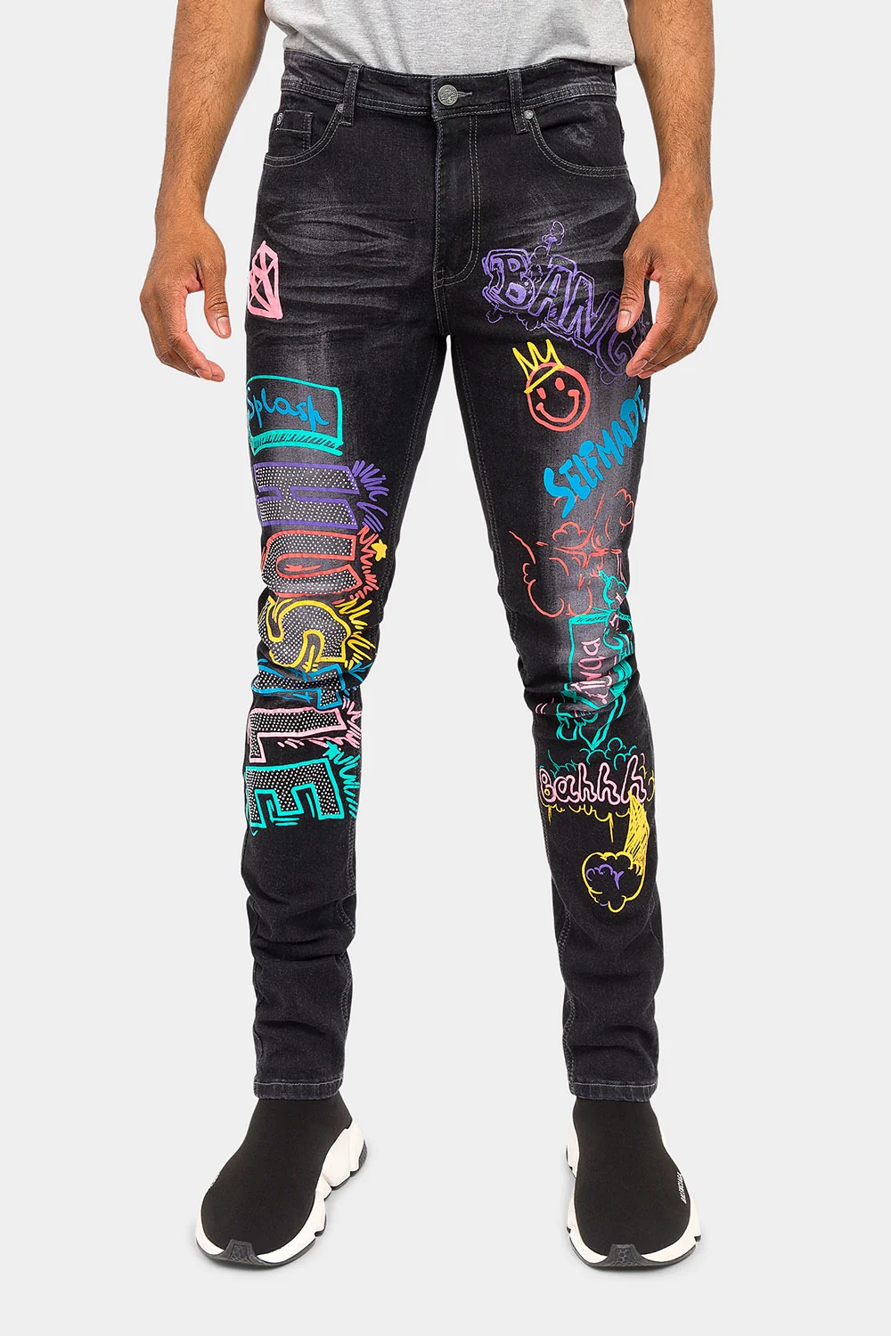Graffiti Faded Washed Denim Jeans - Image 11