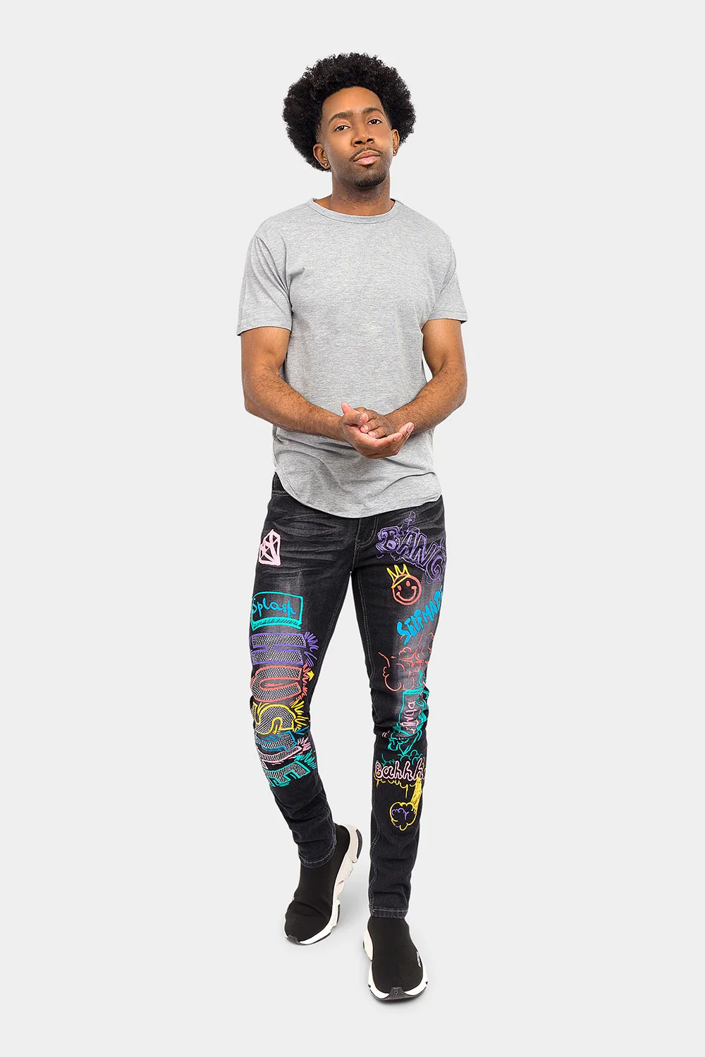 Graffiti Faded Washed Denim Jeans - Image 15