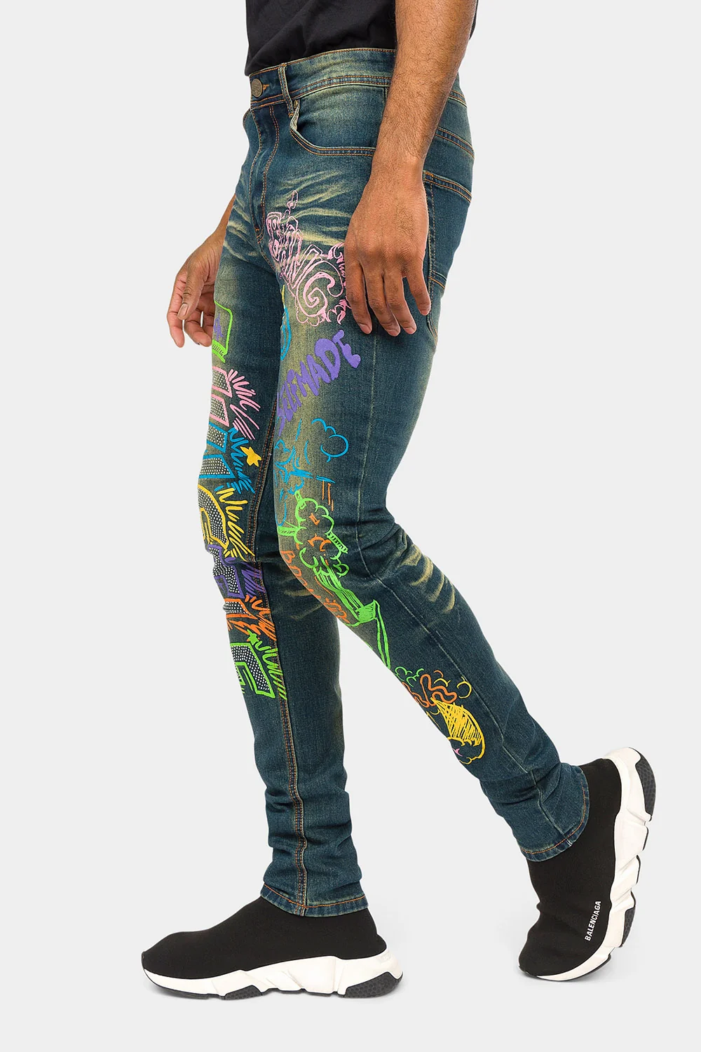 Graffiti Faded Washed Denim Jeans - Image 17