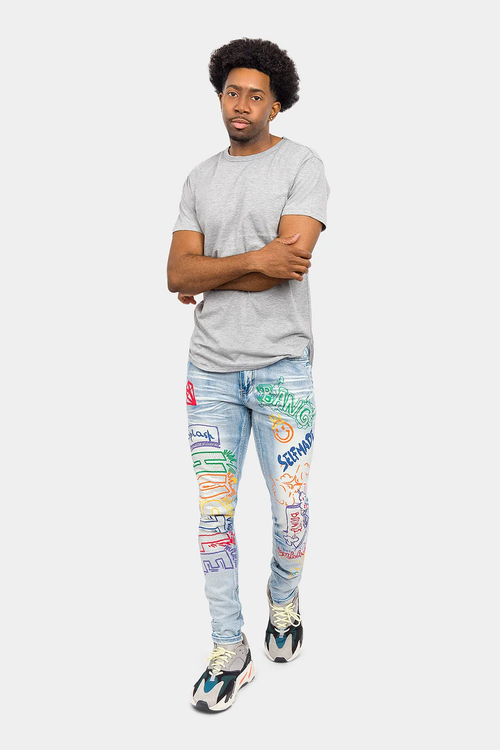 Graffiti Faded Washed Denim Jeans - Image 5