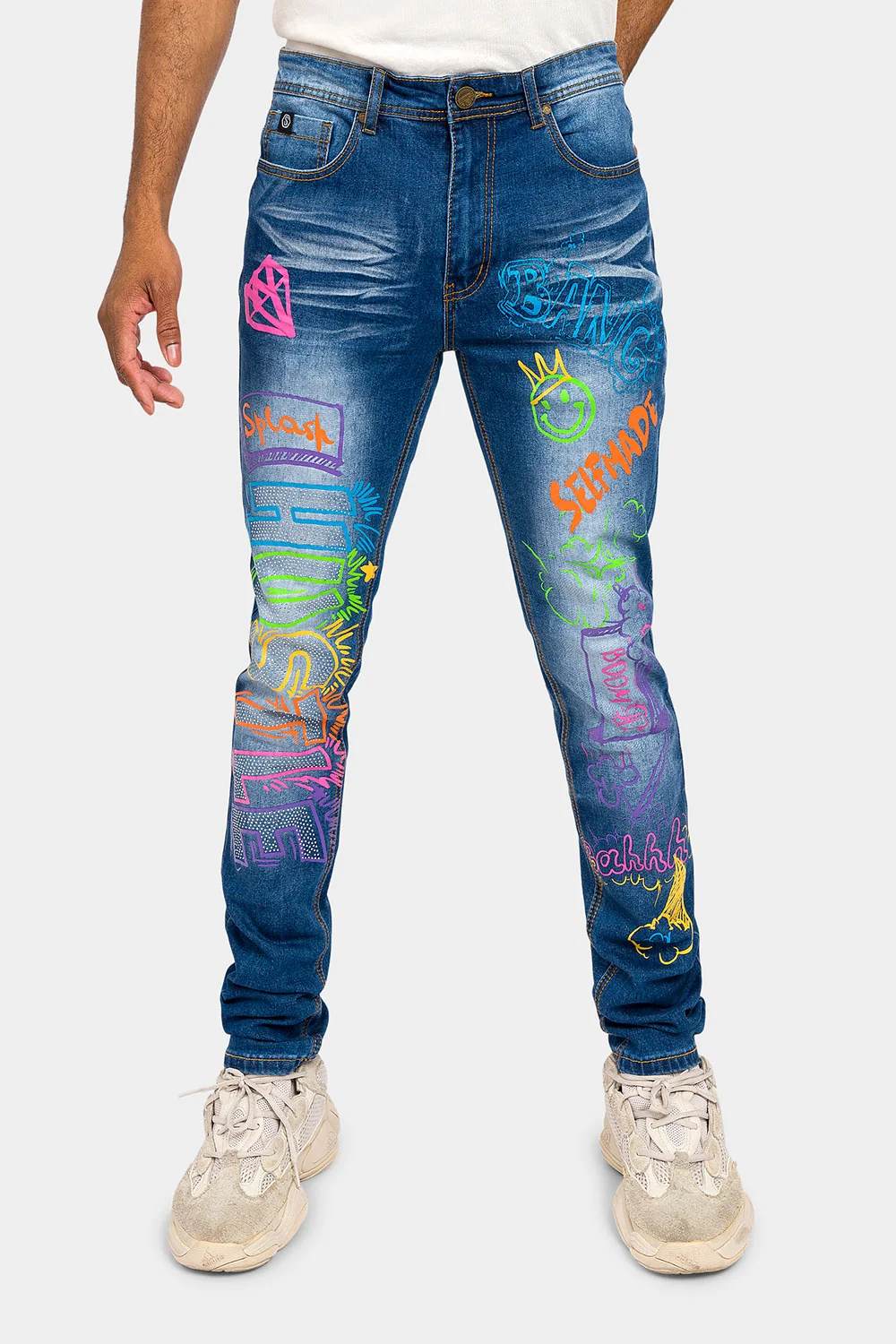 Graffiti Faded Washed Denim Jeans - Image 6