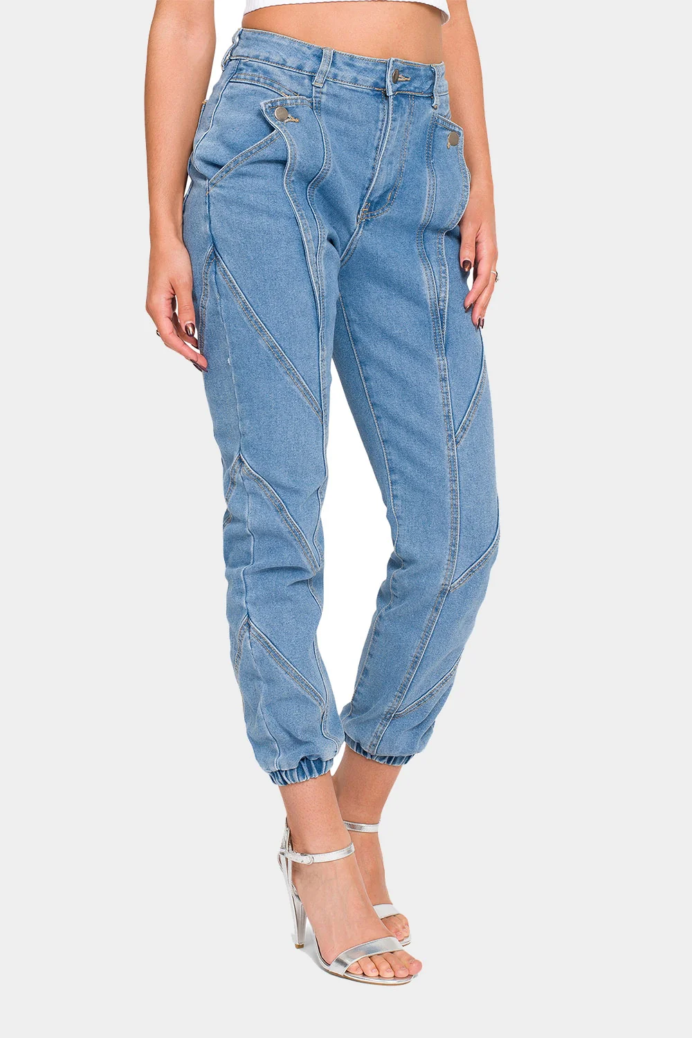 High Rise Detail Sewing Denim Joggers - Image 10