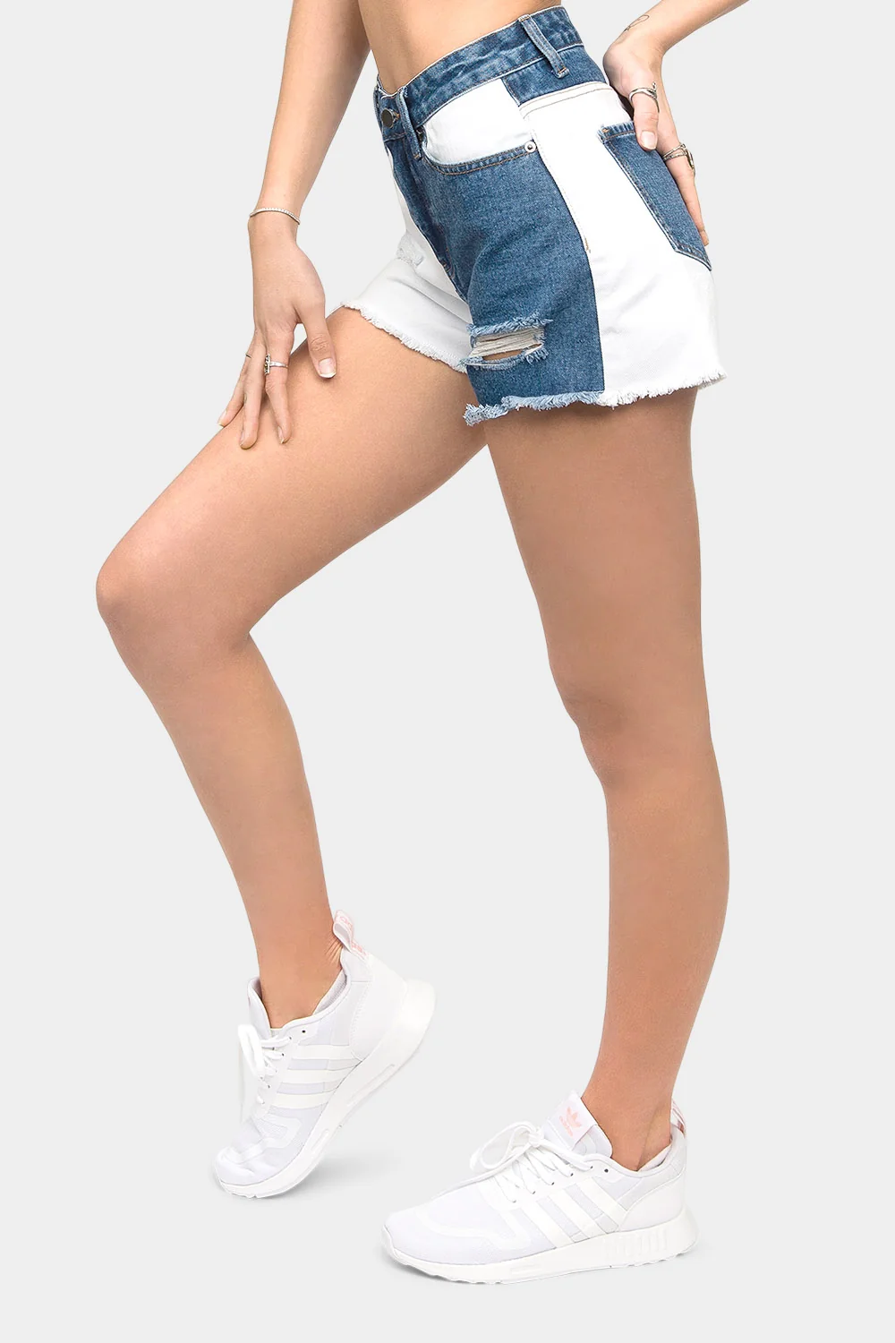 High Waist Color Block Denim Shorts - Image 2