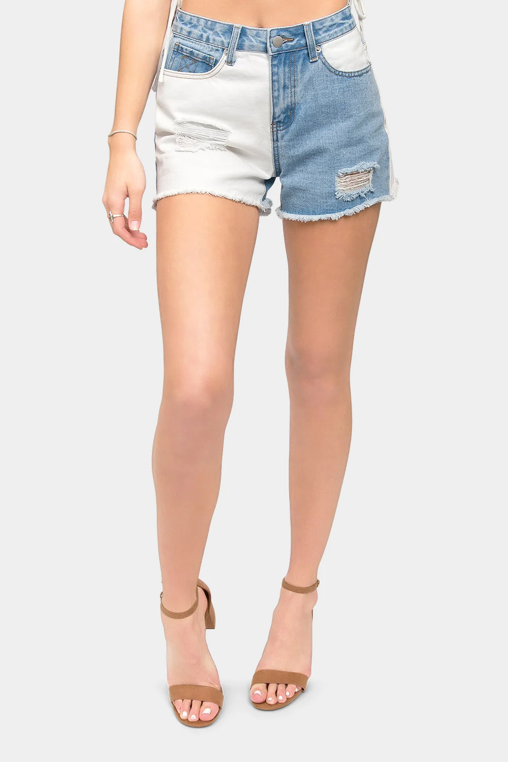 High Waist Color Block Denim Shorts - Image 6