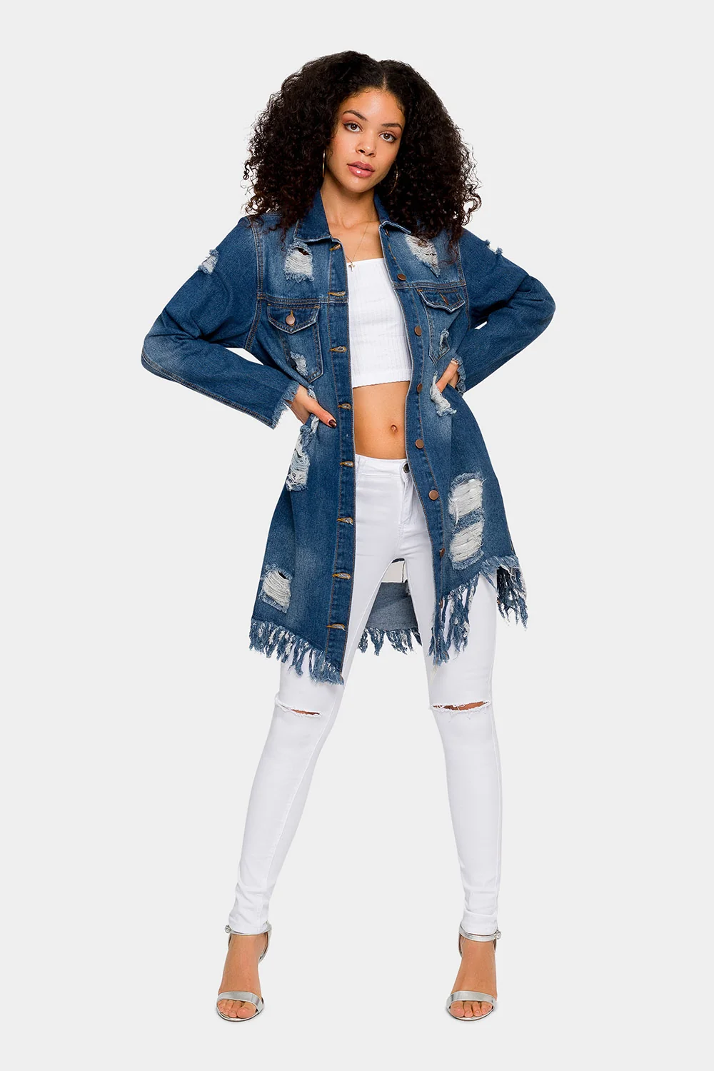 Long Distressed Denim Jean Jacket - Image 10
