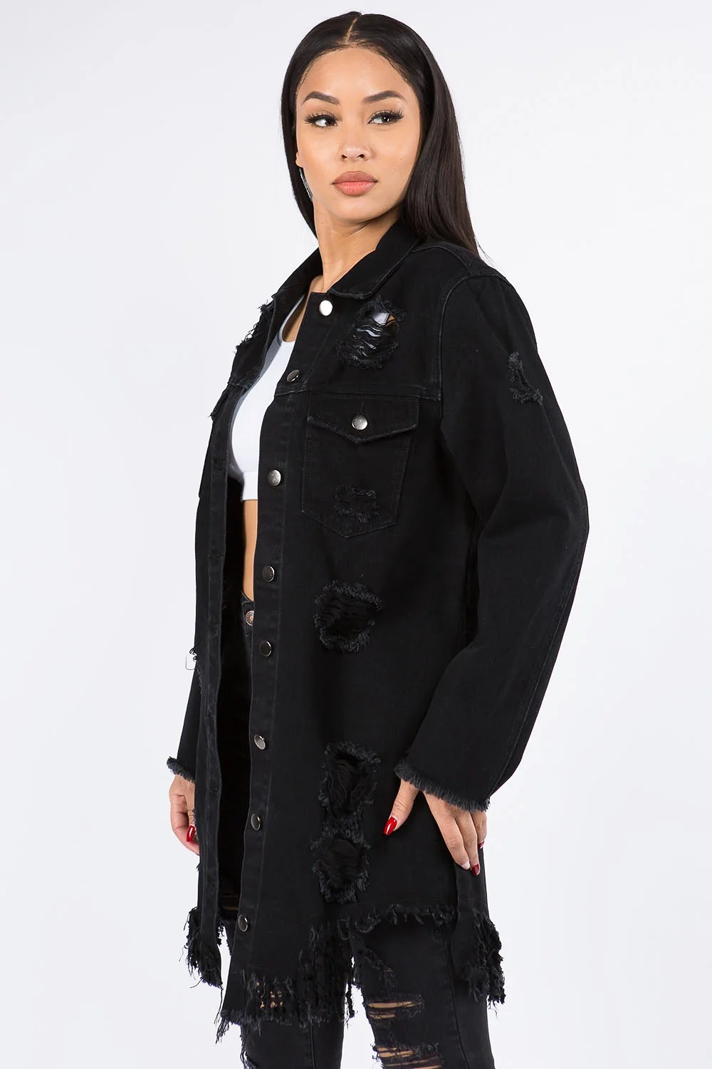 Long Distressed Denim Jean Jacket - Image 18