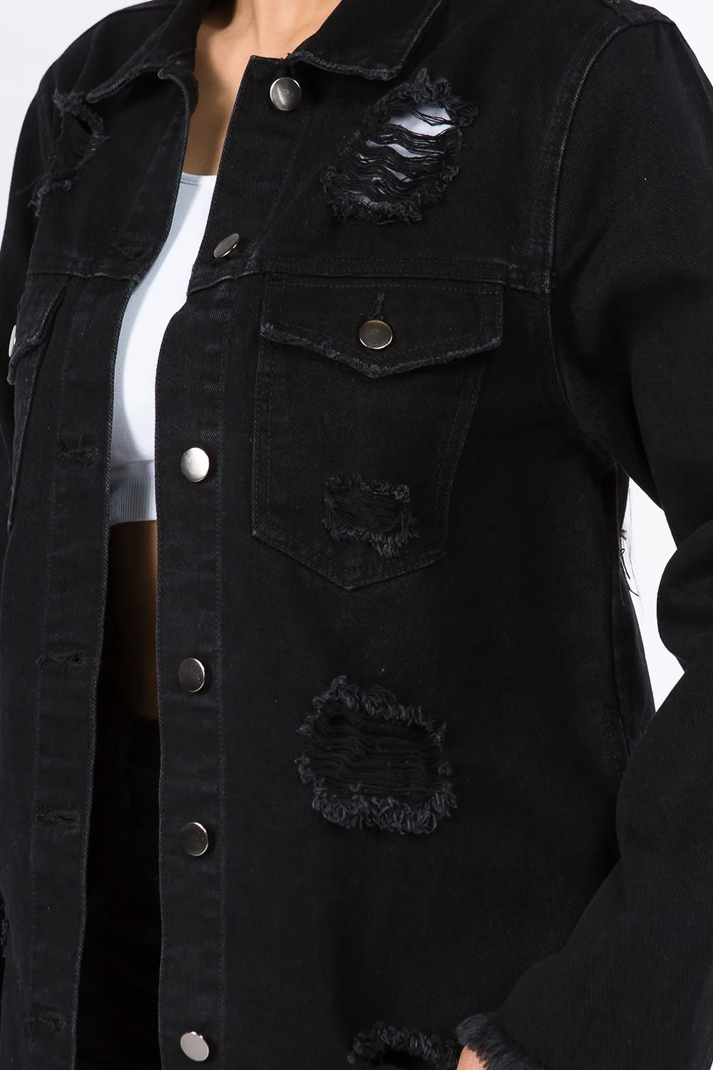 Long Distressed Denim Jean Jacket - Image 20
