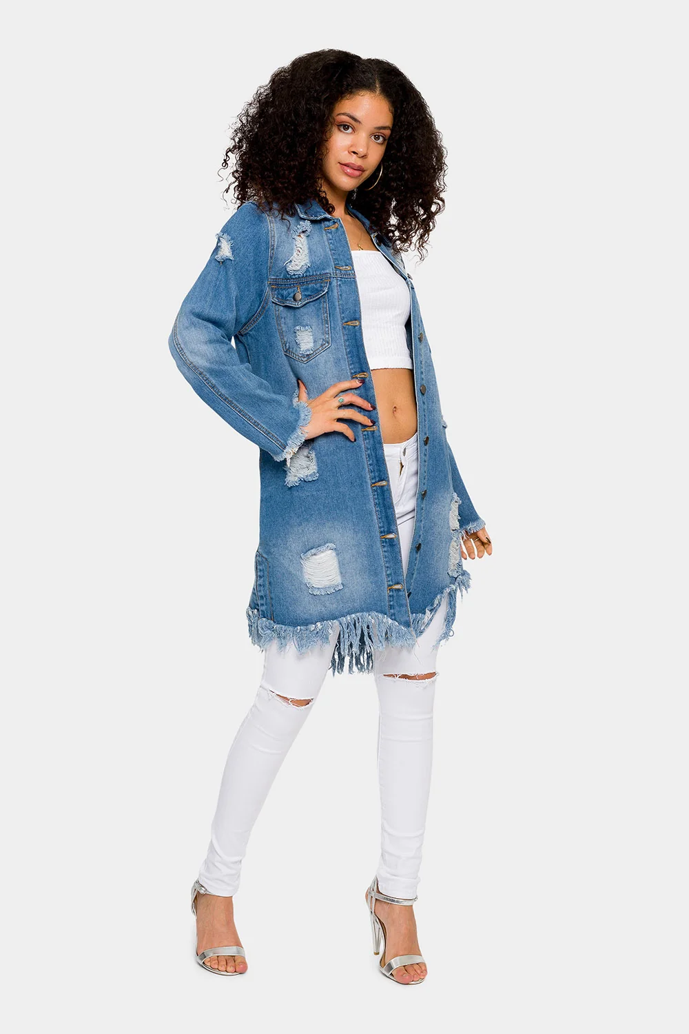 Long Distressed Denim Jean Jacket - Image 6