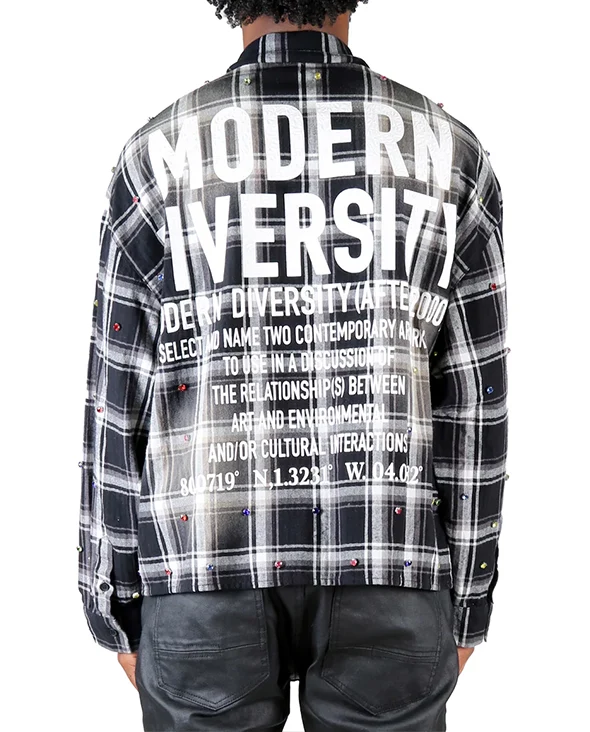 Long Sleeve Washed Flannel Crop Top Button Down Shirt With Rhinestone Embellishments - Image 3