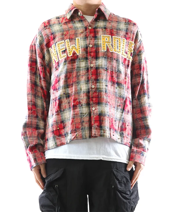 Long Sleeve Washed Flannel Crop Top Button Down Shirt With Rhinestone Embellishments - Image 7