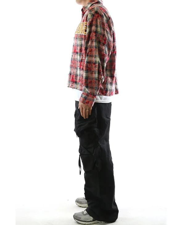 Long Sleeve Washed Flannel Crop Top Button Down Shirt With Rhinestone Embellishments - Image 8