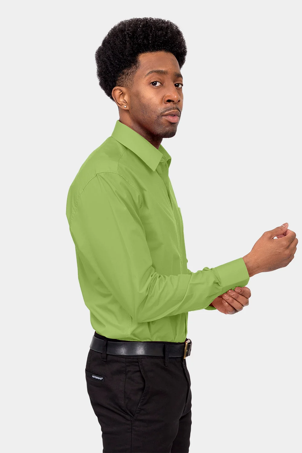 Men's Basic Solid Color Button Up Dress Shirt (Apple Green) - Image 5
