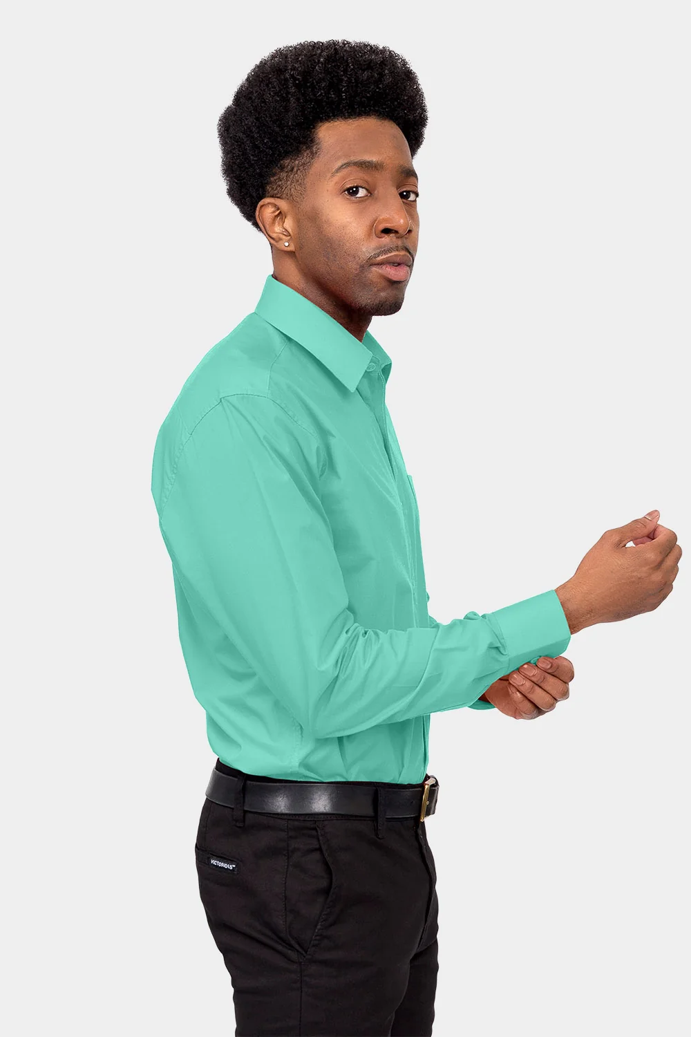 Men's Basic Solid Color Button Up Dress Shirt (Aqua) - Image 5