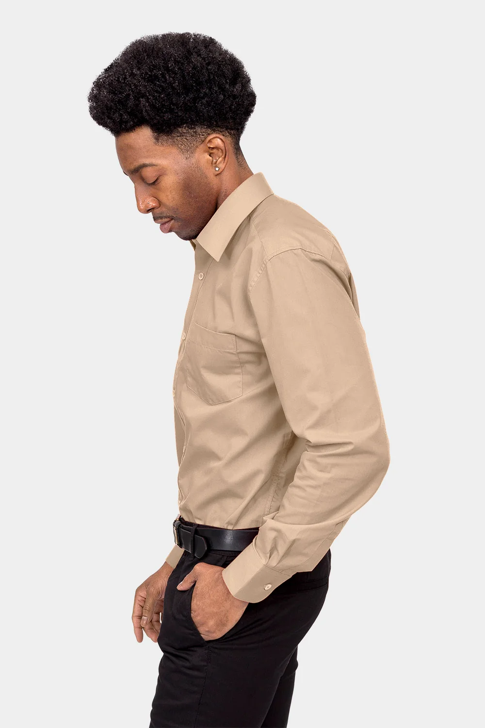 Men's Basic Solid Color Button Up Dress Shirt (Beige) - Image 3