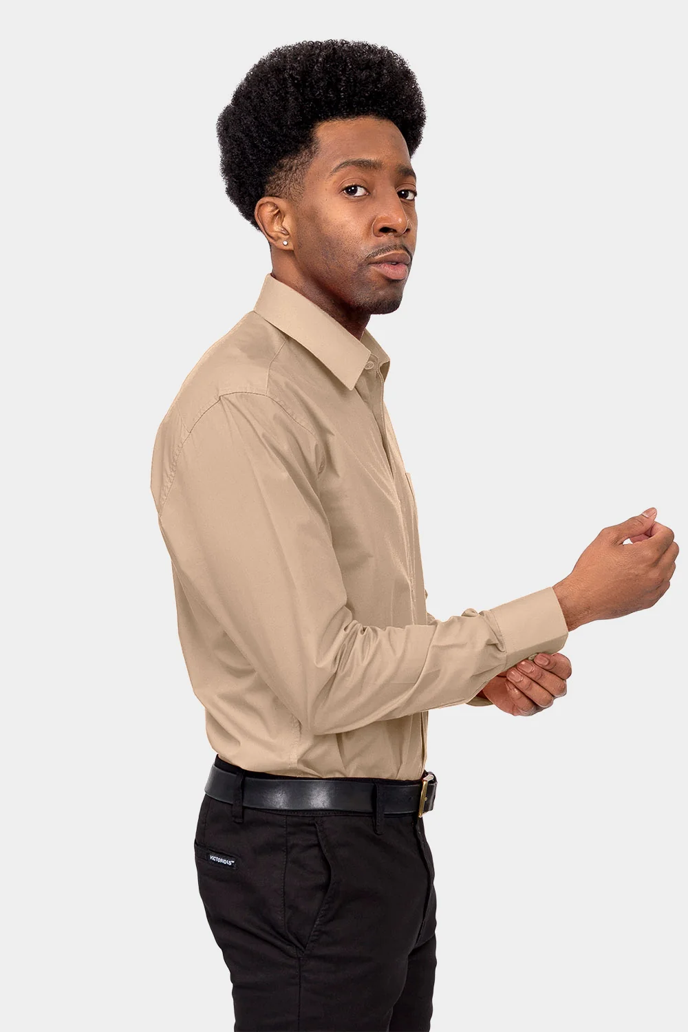 Men's Basic Solid Color Button Up Dress Shirt (Beige) - Image 5