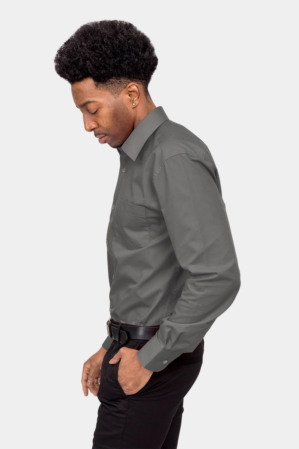 Men's Basic Solid Color Button Up Dress Shirt (Charcoal) - Image 3