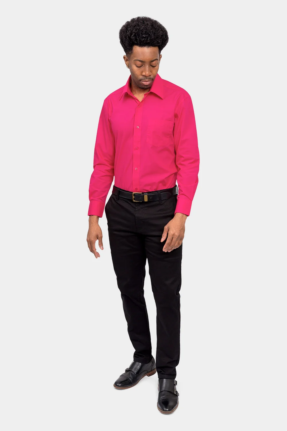 Men's Basic Solid Color Button Up Dress Shirt (Fuchsia) - Image 6