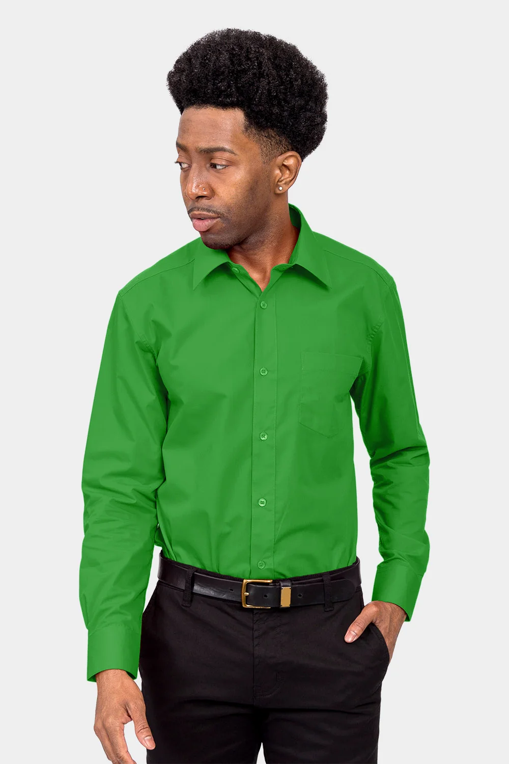 Men's Basic Solid Color Button Up Dress Shirt (Green) - Image 2
