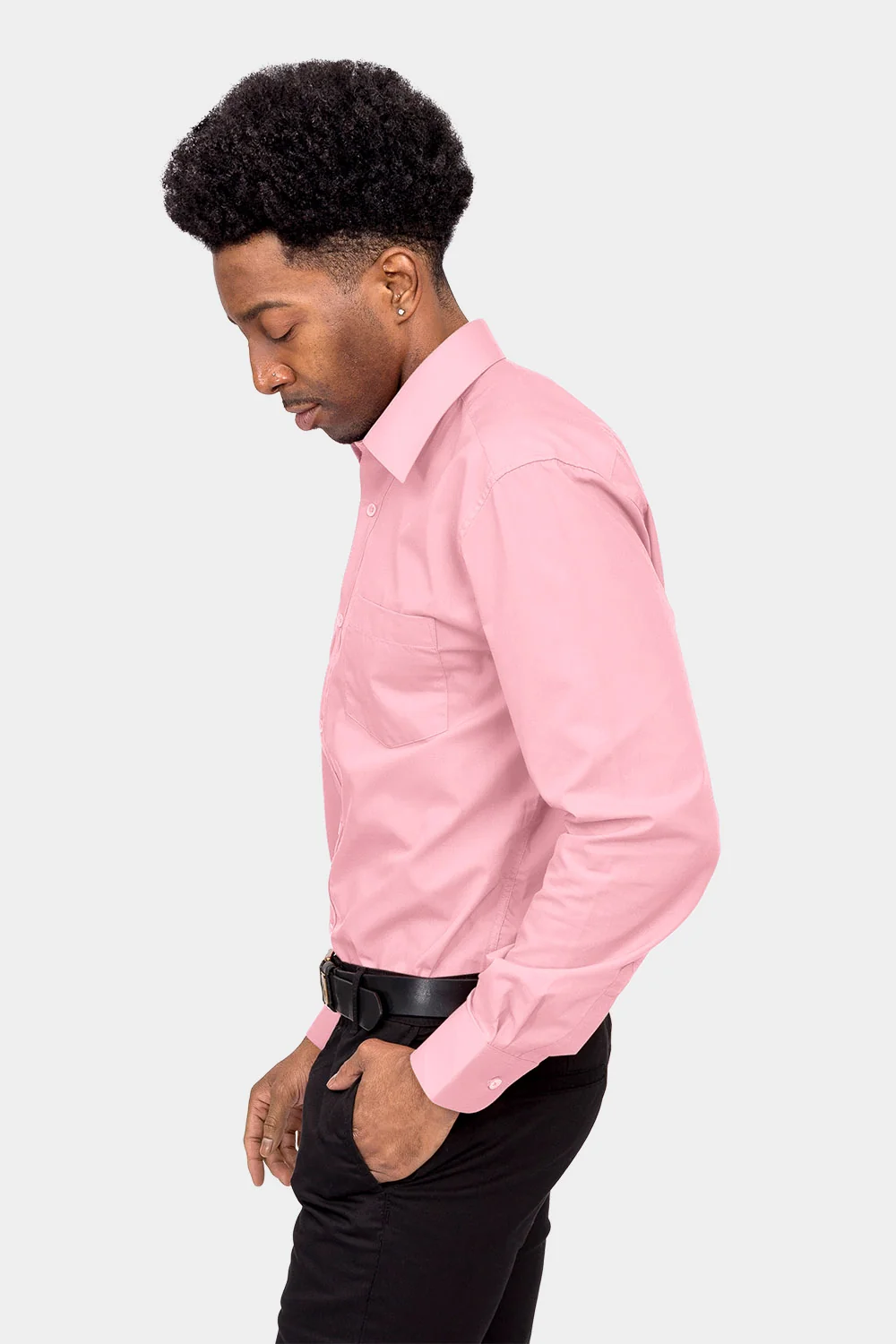 Men's Basic Solid Color Button Up Dress Shirt (Pink) - Image 3