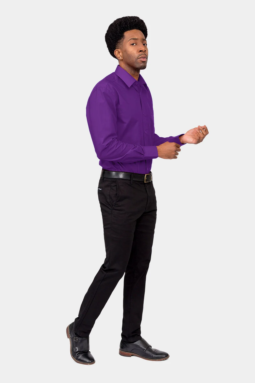 Men's Basic Solid Color Button Up Dress Shirt (Purple) - Image 6