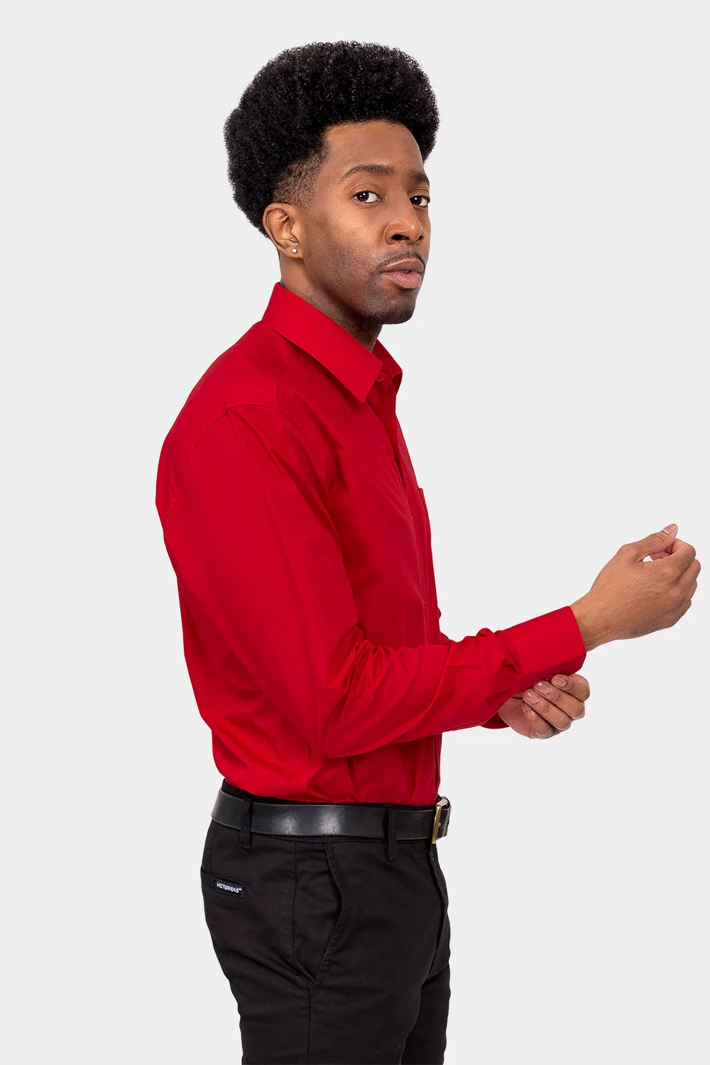 Men's Basic Solid Color Button Up Dress Shirt (Red) - Image 5