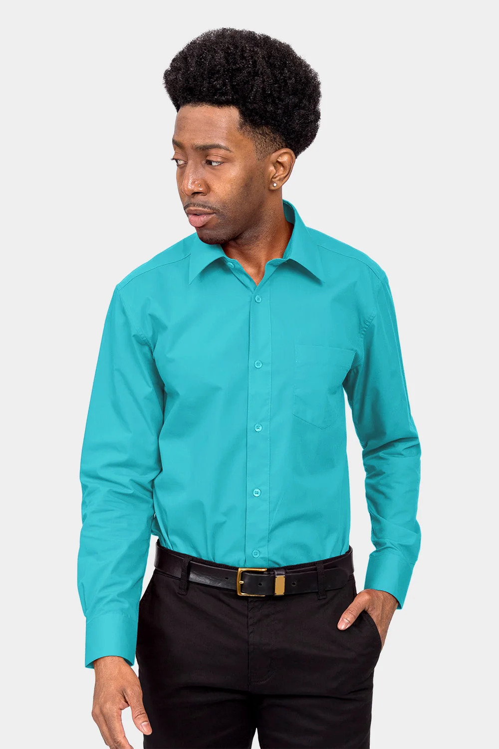 Men's Basic Solid Color Button Up Dress Shirt (Turquoise) - Image 2