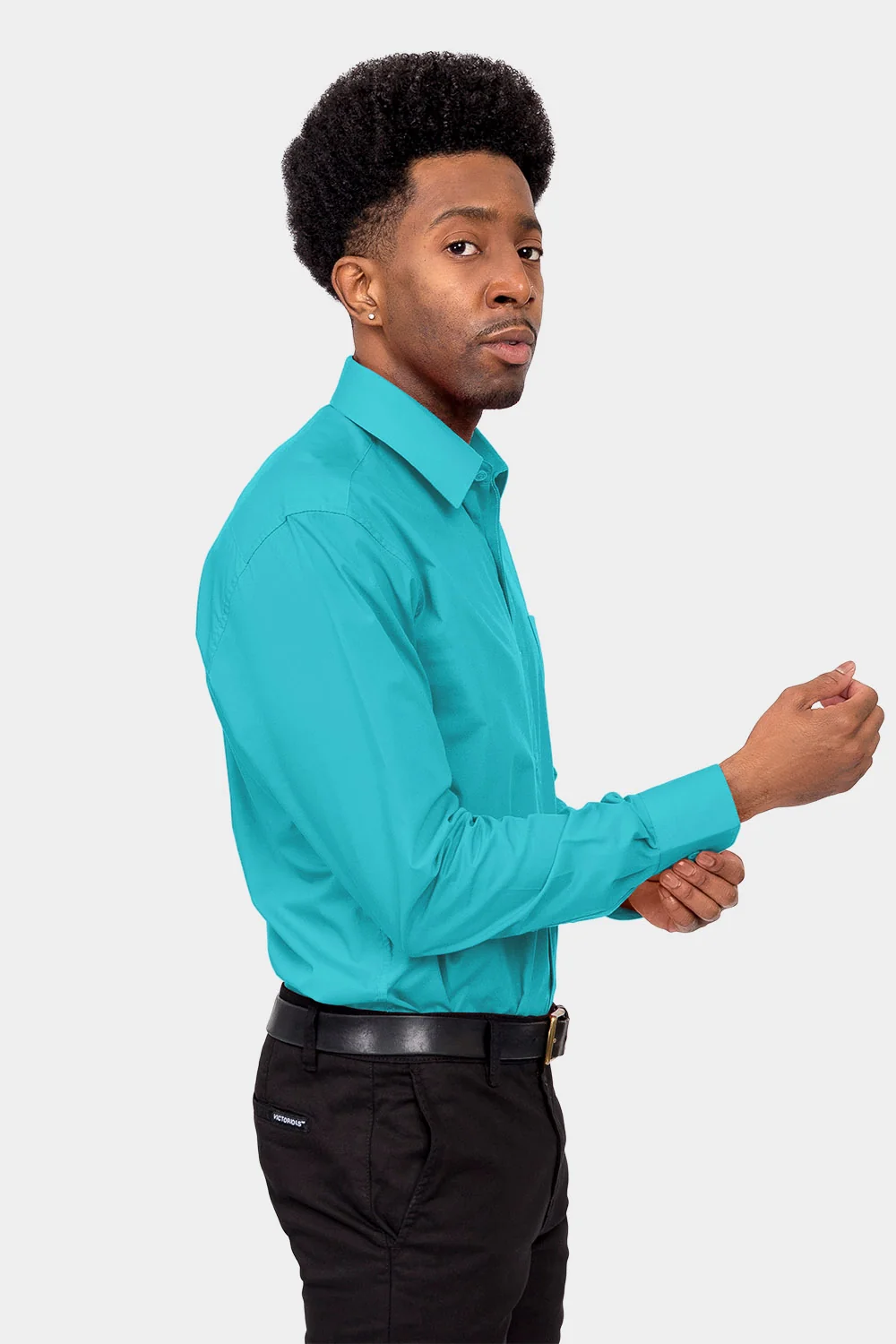 Men's Basic Solid Color Button Up Dress Shirt (Turquoise) - Image 5